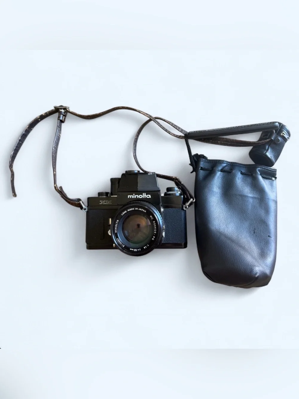 Minolta XK Film Camera w/ MC Rokkor 1:14 Lens & Leather Bag *Needs Repair*